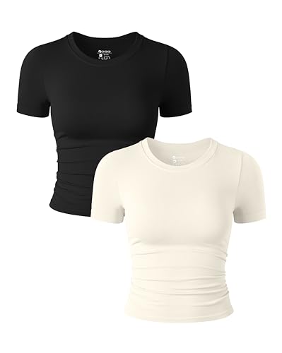 OQQ 2-teiliges Damen-Shirt Kurzärmelig Rundhalsausschnitt Gerüscht Stretch Enganliegend Bauchfrei Schwarz Beige von OQQ