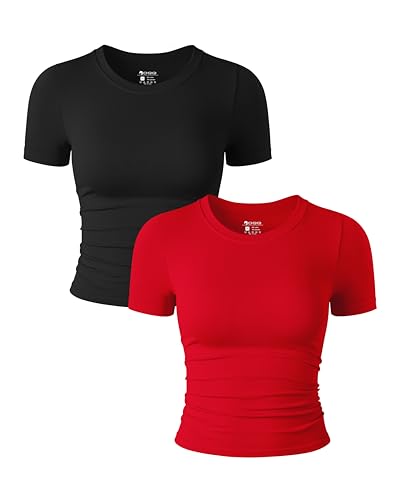 OQQ 2-teiliges Damen Shirt Kurzärmelig Rundhalsausschnitt Gerüscht Stretch Enganliegend Bauchfrei Schwarz Rot von OQQ