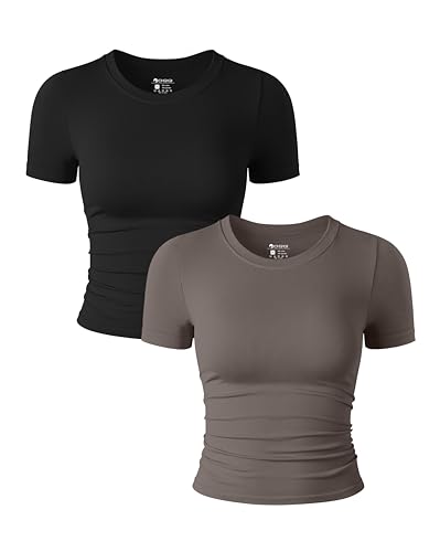 OQQ 2-teiliges Damen Shirt Kurzärmelig Rundhalsausschnitt Gerüscht Stretch Enganliegend Bauchfrei Schwarz Teeblätter von OQQ