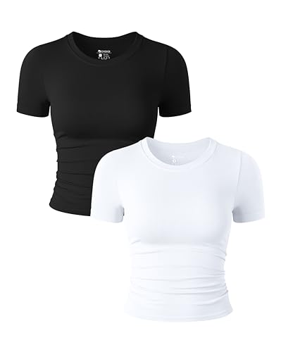OQQ 2-teiliges Damen-Top, kurzärmelig, Rundhalsausschnitt, gerüscht, nahtlos, Stretch, tailliertes T-Shirt, bauchfrei, schwarz, weiß, Groß von OQQ