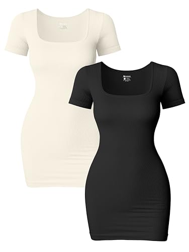 OQQ 2-teiliges Minikleid für Damen, sexy, gerippt, kurze Ärmel, quadratischer Ausschnitt, figurbetontes Minikleid, Schwarz, Beige, Klein von OQQ