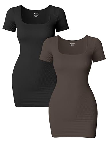 OQQ 2-teiliges Minikleid für Damen, sexy, gerippt, kurze Ärmel, quadratischer Ausschnitt, figurbetontes Minikleid, Schwarz, Teeblätter, Klein von OQQ