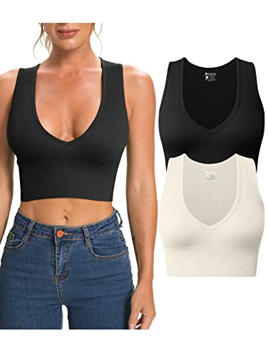 OQQ 2-teiliges Tanktop für Damen, gerippt, ärmellos, sexy, tiefer V-Ausschnitt, abnehmbare Körbchen, Yoga, bauchfreies Oberteil, Schwarz, Beige, Groß von OQQ