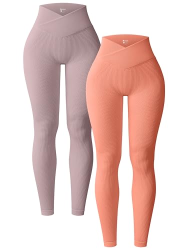 OQQ 2er Pack Damen Leggings Cross Waist High Waist Elastische Lange Yoga Sport Leggings für Damen Rosa Orange von OQQ