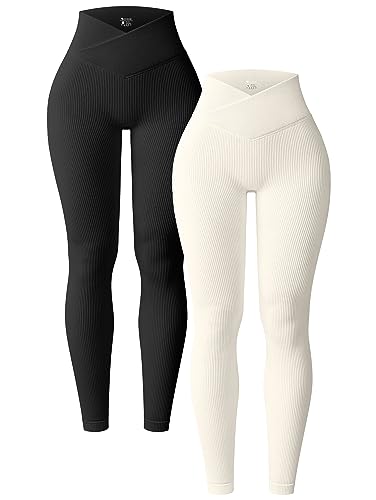 OQQ 2er Pack Damen Leggings Cross Waist High Waist Elastische Lange Yoga Sport Leggings für Damen Schwarz Beige von OQQ