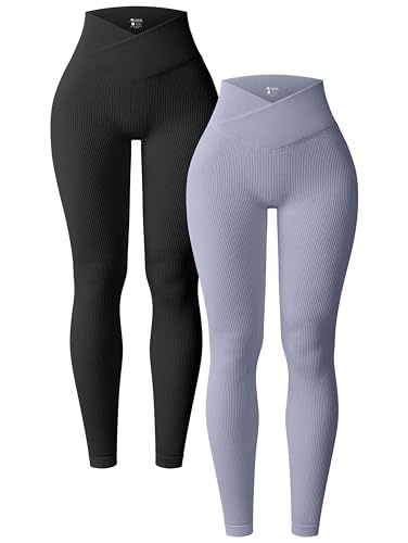 OQQ 2er Pack Damen Leggings Cross Waist High Waist Elastische Lange Yoga Sport Leggings für Damen Schwarz Blau von OQQ