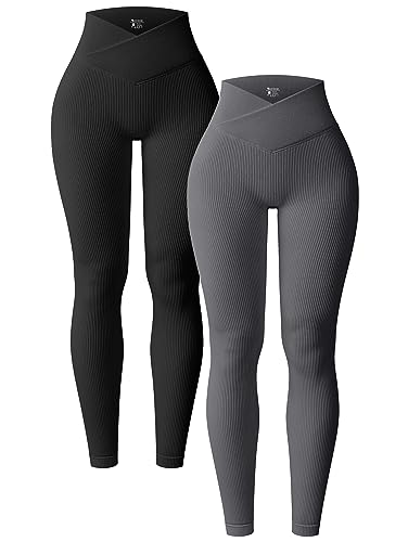 OQQ 2er Pack Damen Leggings Cross Waist High Waist Elastische Lange Yoga Sport Leggings für Damen Schwarz Dunkelgrau von OQQ