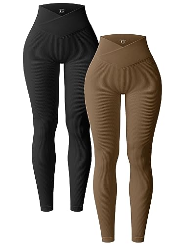 OQQ 2er Pack Damen Leggings Cross Waist High Waist Elastische Lange Yoga Sport Leggings für Damen Schwarz Kaffee von OQQ