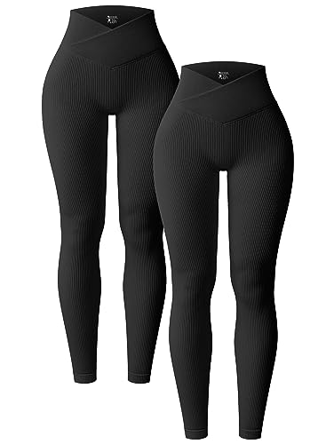 OQQ 2er Pack Damen Leggings Cross Waist High Waist Elastische Lange Yoga Sport Leggings für Damen Schwarz Schwarz von OQQ
