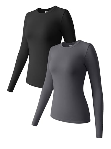 OQQ 2er Pack T-Shirts Rundhals Klassischer Basic Casual Langarm Lässige T-Shirts für Damen Schwarz Dunkelgrau von OQQ