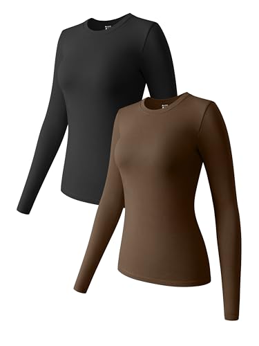 OQQ 2er Pack T-Shirts Rundhals Klassischer Basic Casual Langarm Lässige T-Shirts für Damen Schwarz Kaffee von OQQ