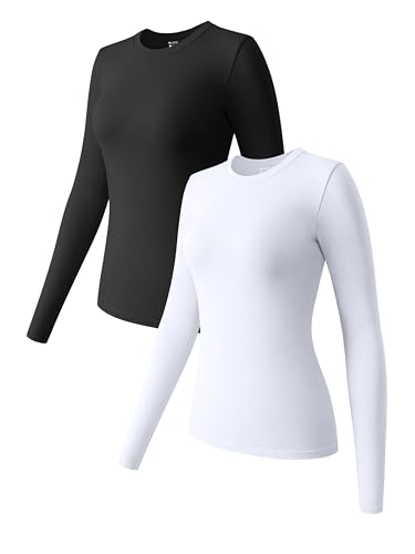 OQQ 2er Pack T-Shirts Rundhals Klassischer Basic Casual Langarm Lässige T-Shirts für Damen Schwarz Weiß von OQQ