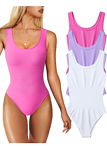 OQQ 3-teilige Damen-Bodys, sexy, ärmellos, Rundhalsausschnitt, Shapewear, Tank-Top, Bodys, Rose, Lavendel, Weiß, S von OQQ