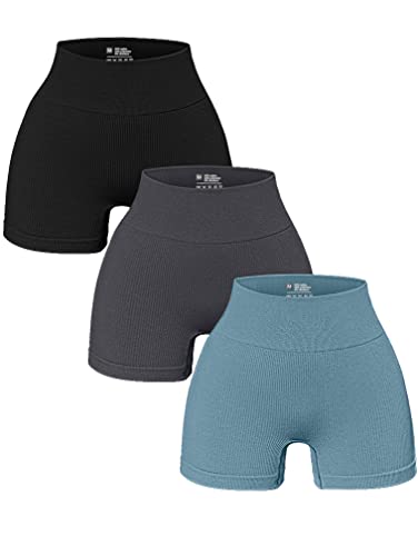 OQQ 3-teilige Leggings für Damen, Yoga-Shorts, Workout, athletisch, nahtlos, hohe Taille, Fitnessstudio-Leggings, Schwanrz/Grau/Blau, Klein von OQQ