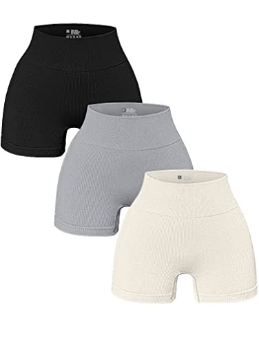 OQQ 3-teilige Leggings für Damen, Yoga-Shorts, Workout, athletisch, nahtlos, hohe Taille, Fitnessstudio-Leggings, Schwarz, Silbergrau, Beige, Mittel von OQQ