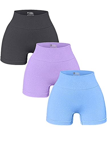 OQQ 3-teilige Yoga-Shorts für Damen, Workout, athletisch, nahtlos, hohe Taille, Fitness-Leggings, Grau/Lavendel/Candy Blue, Mittel von OQQ