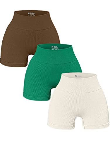 OQQ 3-teilige Yoga-Shorts für Damen, Workout, athletisch, nahtlos, hohe Taille, Fitness-Leggings, Kaffeegrün, Beige, Groß von OQQ