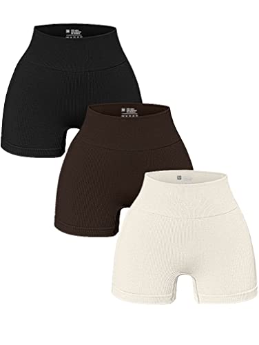 OQQ 3-teilige Yoga-Shorts für Damen, Workout, athletisch, nahtlos, hohe Taille, Fitness-Leggings, Schwarz, Dunkelbraun, Beige, Klein von OQQ