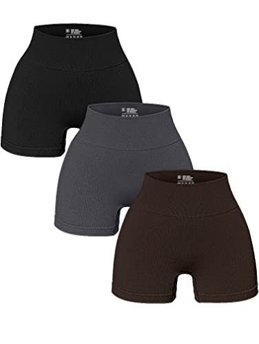 OQQ 3-teilige Yoga-Shorts für Damen, Workout, athletisch, nahtlos, hohe Taille, Fitness-Leggings, Schwarz, Grau, Dunkelbraun, Klein von OQQ