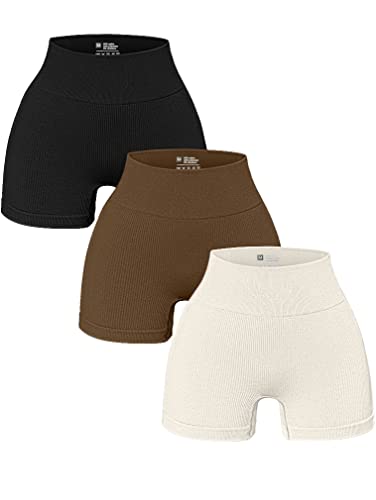 OQQ 3-teilige Yoga-Shorts für Damen, Workout, athletisch, nahtlos, hohe Taille, Fitness-Leggings, Schwarz, Kaffee, Beige, Mittel von OQQ