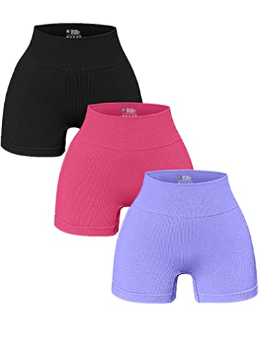 OQQ 3-teilige Yoga-Shorts für Damen, Workout, athletisch, nahtlos, hohe Taille, Fitness-Leggings, Schwarz, Korallenviolett, Klein von OQQ