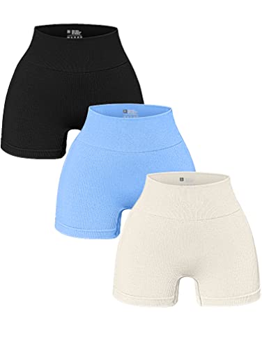 OQQ 3-teilige Yoga-Shorts für Damen, Workout, athletisch, nahtlos, hohe Taille, Fitness-Leggings, Schwarz Candyblue Beige, Klein von OQQ