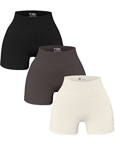 OQQ 3-teilige Yoga-Shorts für Damen, gerippt, nahtlos, Workout, hohe Taille, athletische Leggings, Schwarz, Teeblatt, Beige, Klein von OQQ