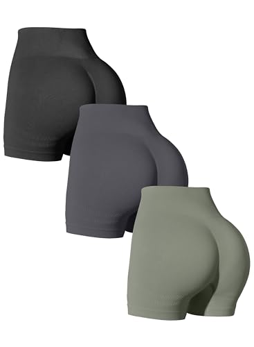 OQQ 3-teilige Yoga-Shorts für Damen, Workout, hohe Taille, Po-Heben, Übungs-Shorts, Schwarz, Dunkelgrau, Graugrün, Klein von OQQ