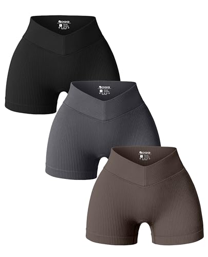 OQQ 3-teilige Yoga-Shorts für Damen, gerippt, V-förmig, hohe Taille, Workout-Leggings, Schwarz, Dunkelgrau, Teeblätter, Klein von OQQ