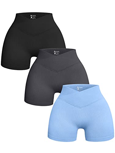 OQQ 3-teilige Yoga-Shorts für Damen, gerippt, nahtlos, Workout, hohe Taille, Cross-Over, athletische Leggings, Schwarz Grau Candyblue, Groß von OQQ