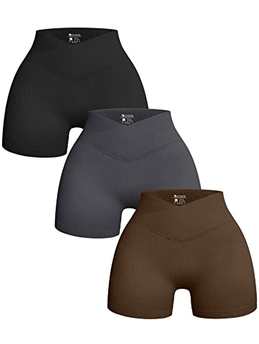 OQQ 3-teilige Yoga-Shorts für Damen, gerippt, nahtlos, Workout, hohe Taille, Cross-Over, athletische Leggings, Schwarz Grau Kaffee, Klein von OQQ