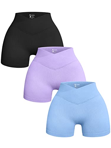 OQQ 3-teilige Yoga-Shorts für Damen, gerippt, nahtlos, Workout, hohe Taille, überkreuzte athletische Leggings, Schwarz, Lavendel, Candyblue, Klein von OQQ