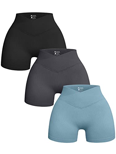 OQQ 3-teilige Yoga-Shorts für Damen, gerippt, nahtlos, Workout, hohe Taille, überkreuzte athletische Leggings, Schwarz Grau Blau, Groß von OQQ