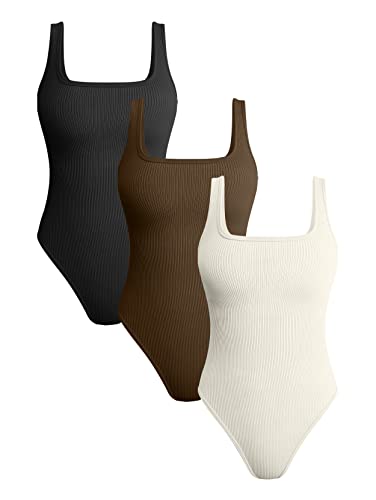 OQQ 3-teiliger Damen-Body, gerippt, quadratischer Ausschnitt, ärmellos, Tank-Top, Bodys, Schwarz, Kaffee, Beige, L von OQQ