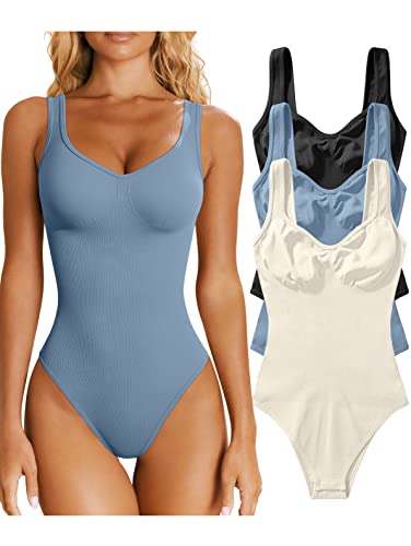 OQQ 3-teiliger Damen-Body, sexy, gerippt, ärmellos, Shapewear Tank-Top, Bodys, Black Haze, Blau, Beige, S von OQQ