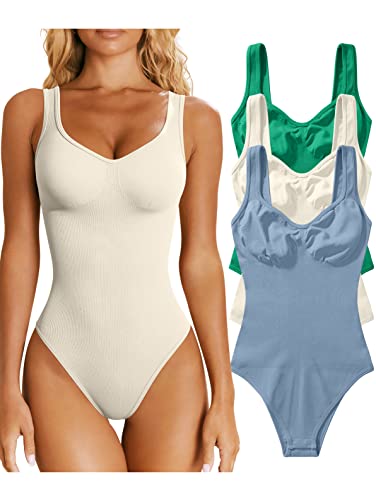 OQQ 3-teiliger Damen-Body, sexy, gerippt, ärmellos, Shapewear Tank-Top, Bodys, Grün, Beige, Blau, M von OQQ