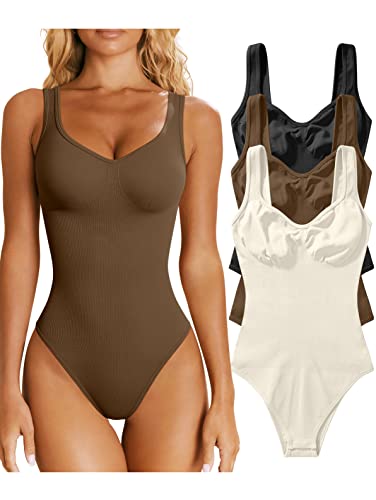 OQQ 3-teiliger Damen-Body, sexy, gerippt, ärmellos, Shapewear Tank-Top, Bodys, Schwarz, Kaffee, Beige, L von OQQ