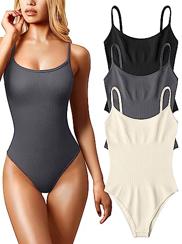 OQQ 3-teiliger Damen-Body, sexy, gerippt, ärmellos, verstellbar, Spaghetti-Streifen, Shapewear-Bodys, Schwarz, Dunkelgrau, Beige, S von OQQ