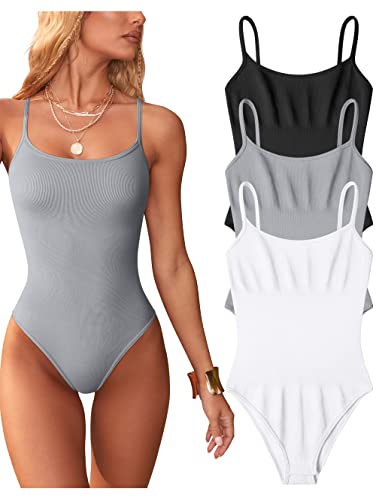 OQQ 3-teiliger Damen-Body, sexy, gerippt, ärmellos, verstellbar, Spaghetti-Streifen, Shapewear-Bodys, Schwarz, Grau, Weiß, M von OQQ