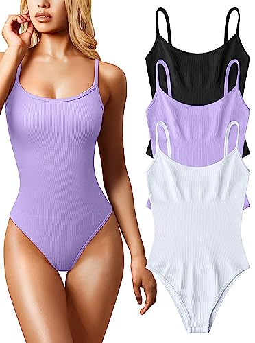 OQQ 3-teiliger Damen-Body, sexy, gerippt, ärmellos, verstellbar, Spaghetti-Streifen, Shapewear-Bodys, Schwarz, Lavendel, Weiß, L von OQQ