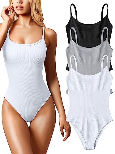 OQQ 3-teiliger Damen-Body, sexy, gerippt, ärmellos, verstellbar, Spaghetti-Streifen, Shapewear-Bodys, Schwarz Grau Weiß, S von OQQ