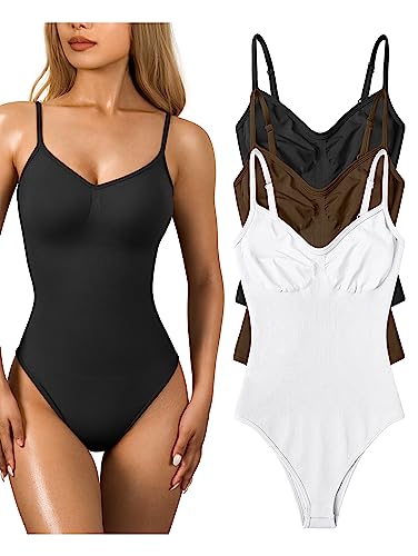 OQQ 3-teiliger Damen-Body, sexy, gerippt, ärmellos, verstellbare Spaghetti-Streifen, Shapewear Tops, Bodys, Schwarz / Kaffeeweiß, S von OQQ