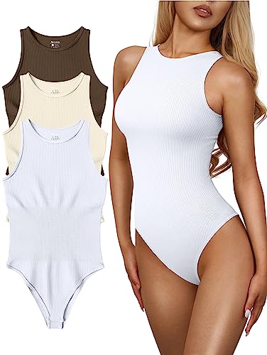 OQQ 3-teiliger Damen-Body, sexy, gerippt, einteilig, ärmellos, Neckholder-Bodys, Kaffeebraun, Beige, Weiß, S von OQQ