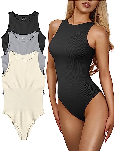 OQQ 3-teiliger Damen-Body, sexy, gerippt, einteilig, ärmellos, Neckholder-Bodys, Schwarz Grau Beige, S von OQQ