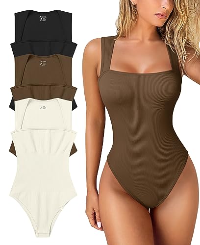 OQQ 3-teiliger Damen-Body, sexy gerippte Riemen, quadratischer Ausschnitt, ärmellos, Bauchkontrolle, Tank-Top, Bodys, Schwarz, Kaffee, Beige, M von OQQ