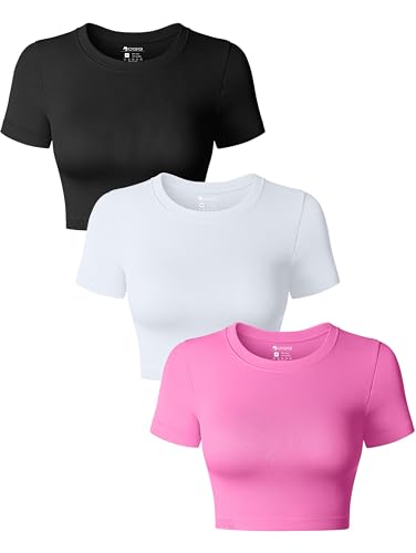 OQQ 3er Pack Damen Tops Kurzarm Rundhals Slim Fit Bauchfrei Tops Sommer Crop Top T-Shirt Schwarz Rosa Weiß von OQQ