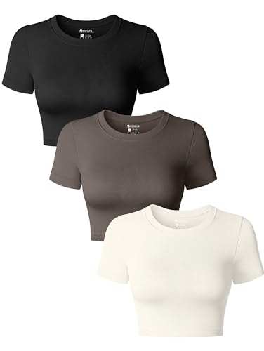 OQQ 3er Pack Damen Tops Kurzarm Rundhals Slim Fit Bauchfrei Tops Sommer Crop Top T-Shirt Schwarz Teeblatt Beige von OQQ
