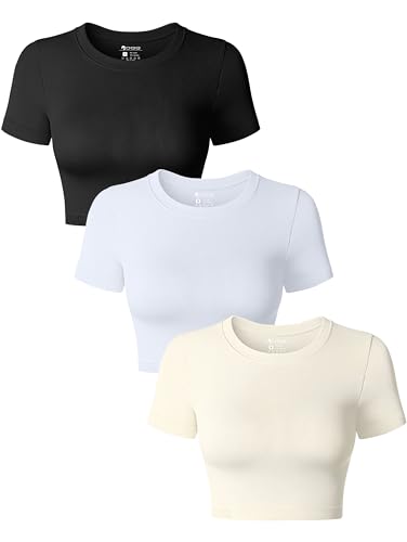 OQQ 3er Pack Damen Tops Kurzarm Rundhals Slim Fit Bauchfrei Tops Sommer Crop Top T-Shirt Schwarz Weiß Beige von OQQ