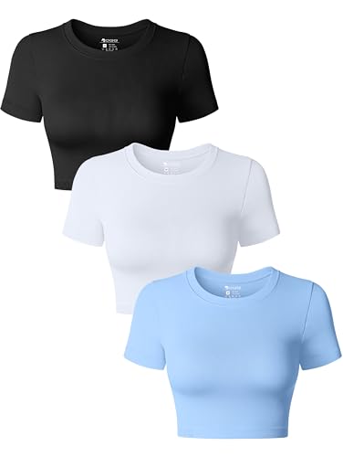 OQQ 3er Pack Damen Tops Kurzarm Rundhals Slim Fit Bauchfrei Tops Sommer Crop Top T-Shirt Schwarz Weiß Blau von OQQ