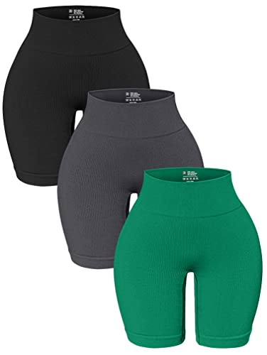 OQQ 3er-Pack Yoga-Shorts mit hoher Taille für Damen, gerippt, nahtlos, Bauchkontrolle, Workout, Athletic Shorts, Schwarz Grau Grün, Klein von OQQ